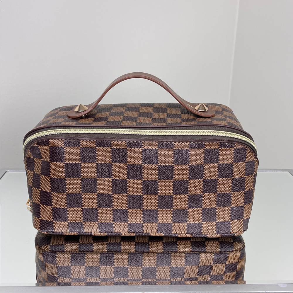 Checkered Brown Cosmetic Travel Bag Makeup Case Zip Toiletry Pouch